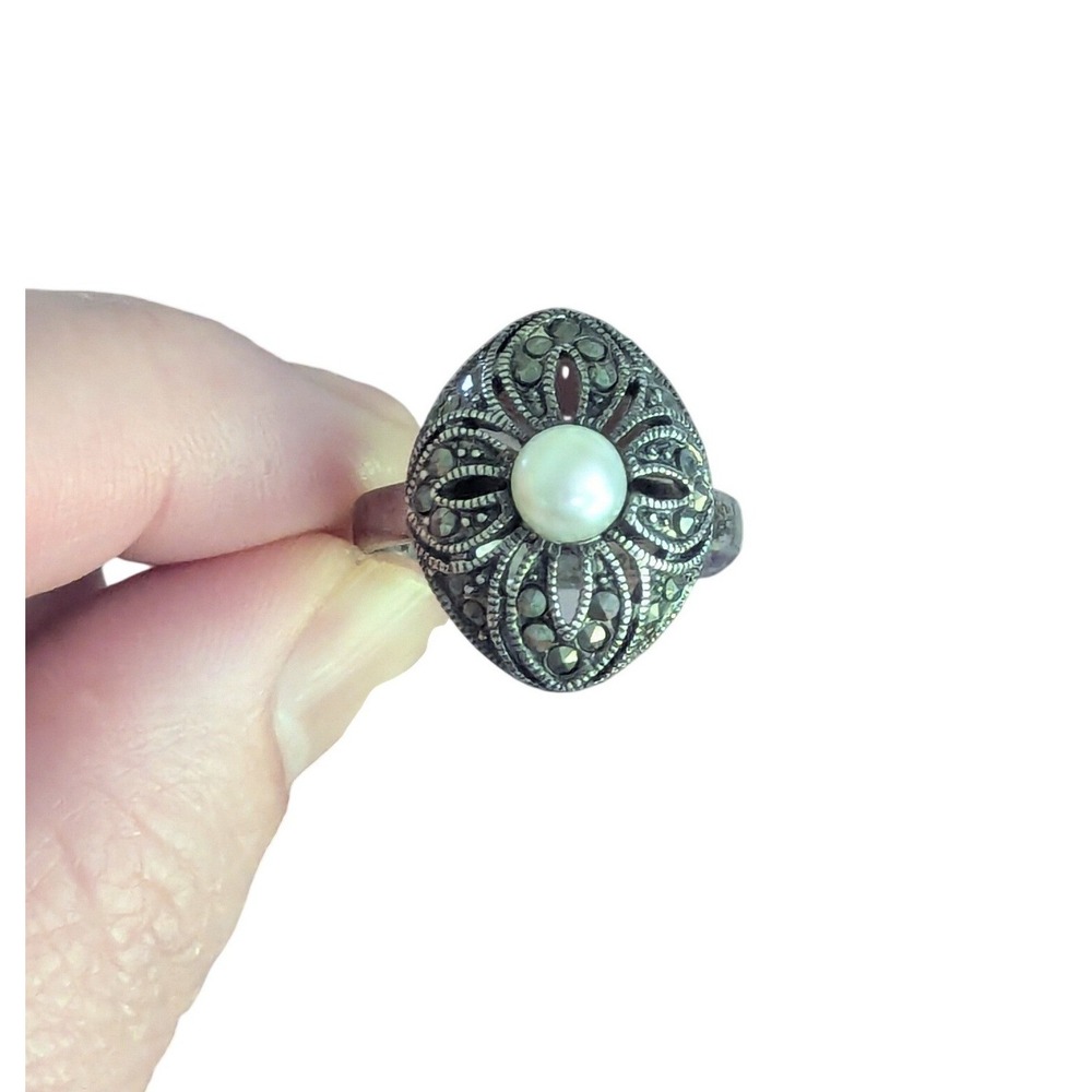 Art Deco 925‎ Marcasite Pearl Filigree Ring Size 10 VTG Estate Sterling Silver